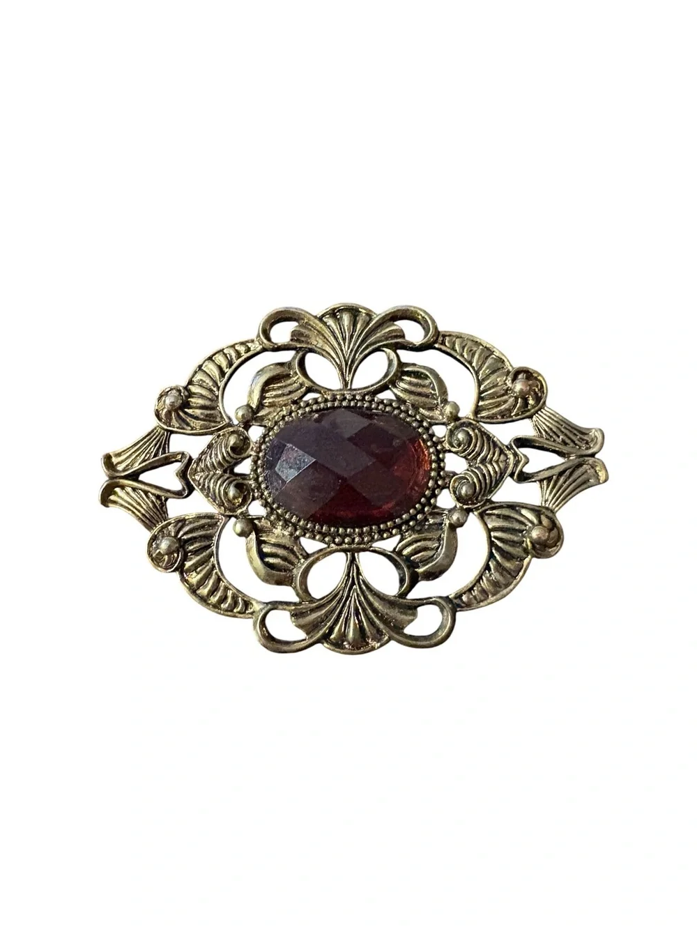 Vintage UV Reactive Blue Filigree Brooch Glow Glass Art Deco Brass Statement Pin